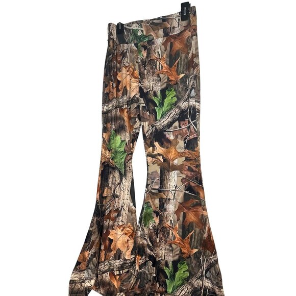 Women’s Size L Y2K Retro Fall Leaf Print Bootcut Flare Pants 2000s Holiday - Picture 1 of 4